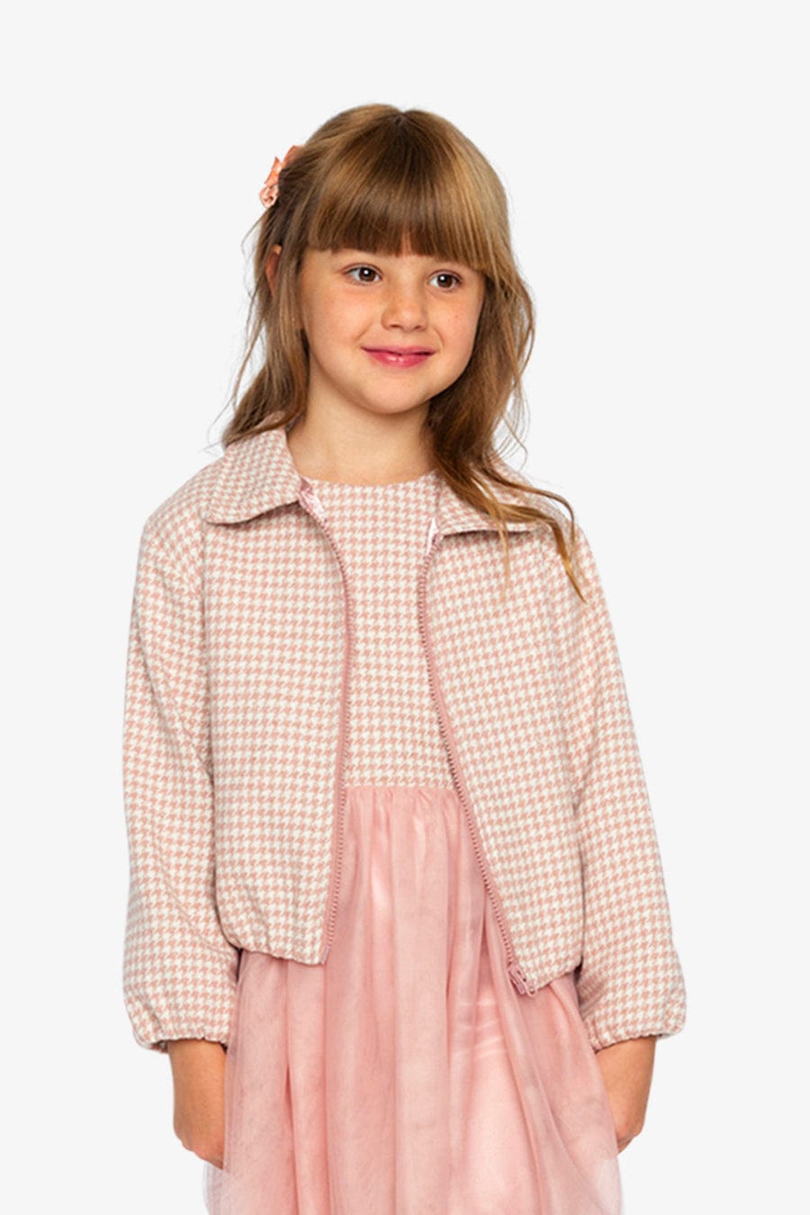 Deux Par Deux Yarn Dye Pink Houndstooth Bomber Jacket - Little Miss Muffin Children & Home