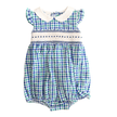 Geometric Smocked Blue Green and White Plaid Seersucker Peter Pan Collared Bubble