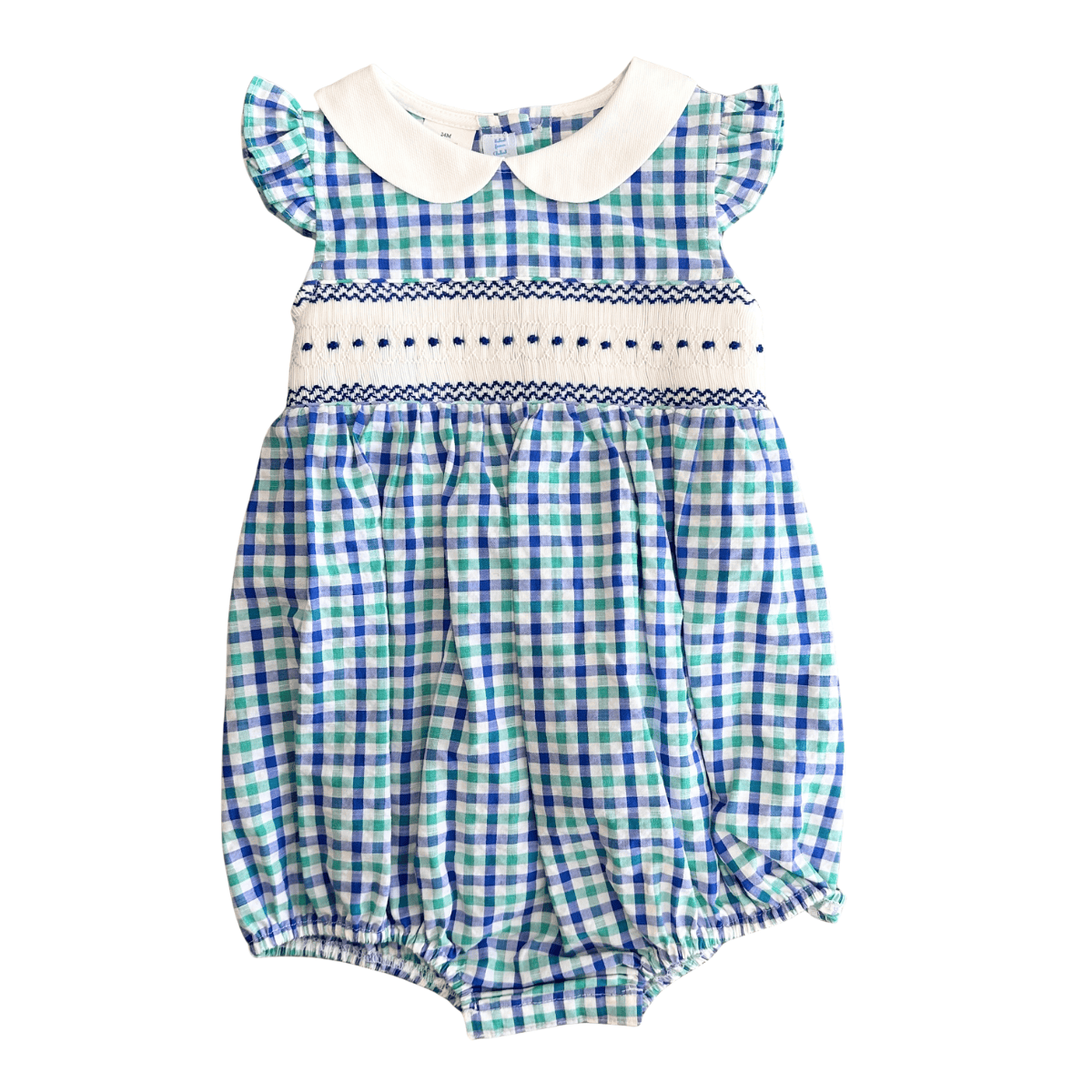 Geometric Smocked Blue Green and White Plaid Seersucker Peter Pan Collared Bubble