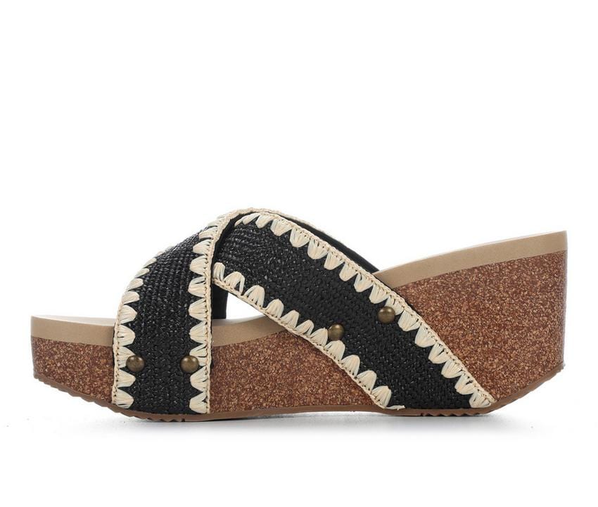 Volatile Antigua Raffia Studded Slide Wedge Sandals in Black