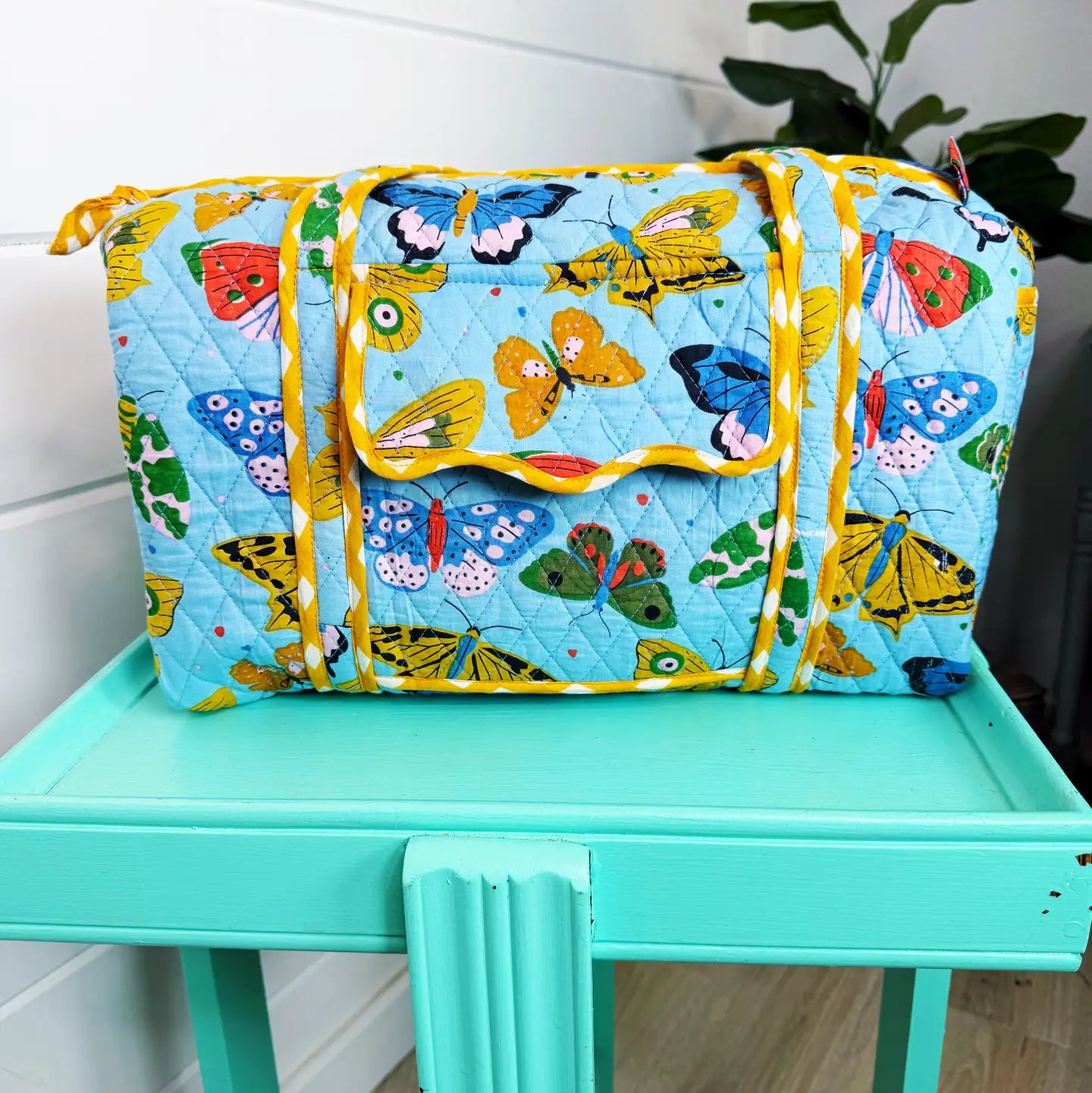 Blue Butterfly Quilted Overnight Mini Duffle Bag