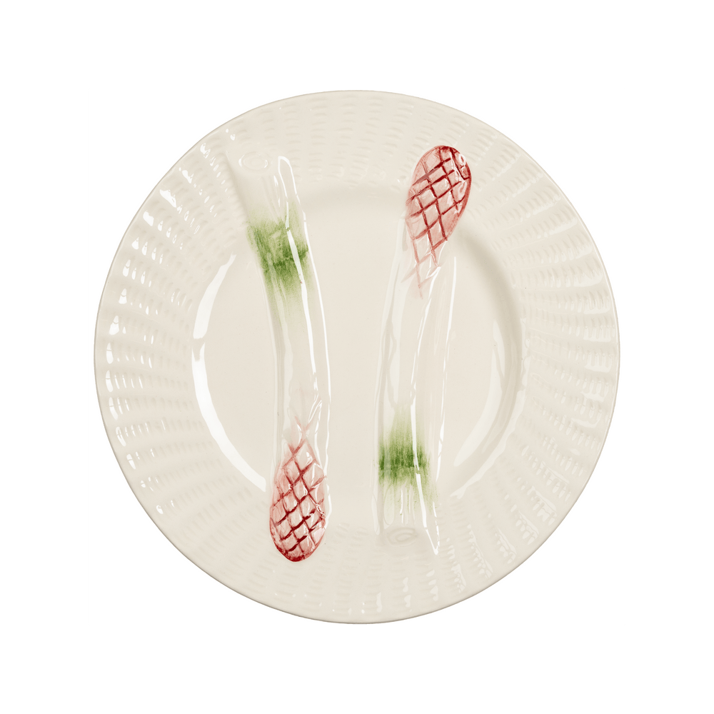 White with Green & Pink Details Asparagus Plate