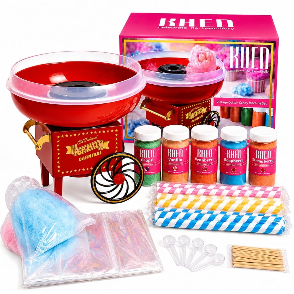 KHEN vintage red cotton candy machine set with flavored sugars, carnival cart style
