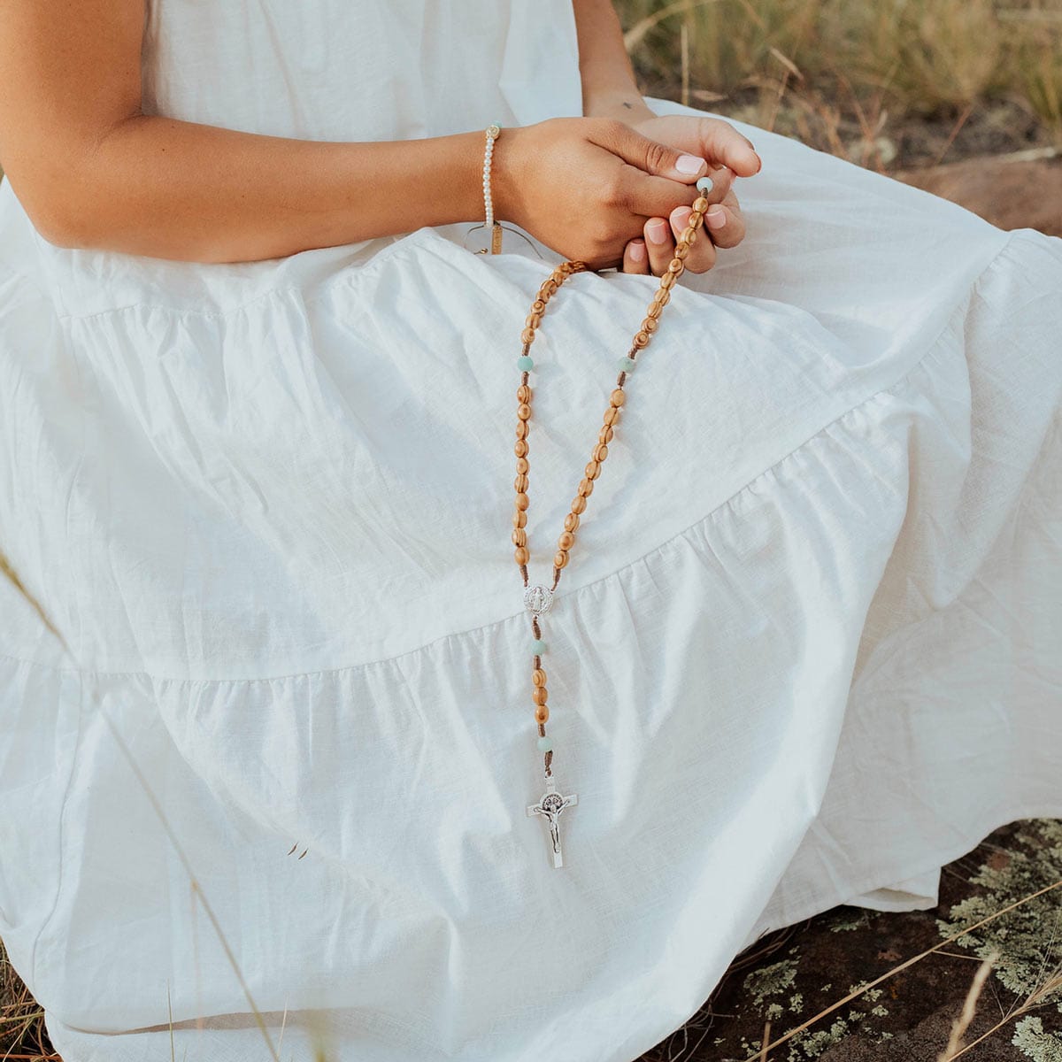 My Saint My Hero Olive Wood Beads and Amazonite Medjugorje Rosary Silver - Little Miss Muffin Children & Home
