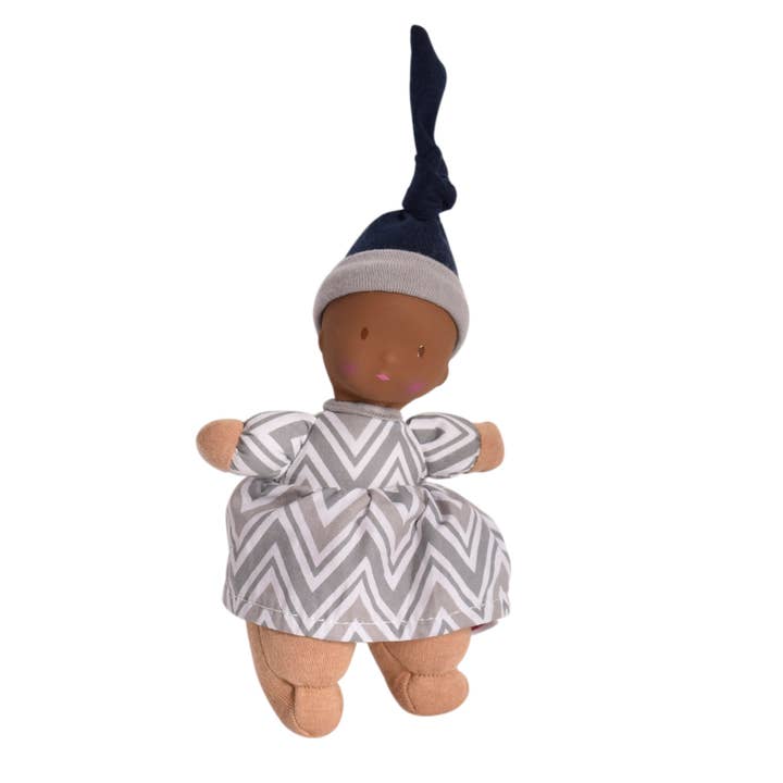 Precious Dark Skin Doll with Rubber Head with Grey & White Chevron Dress