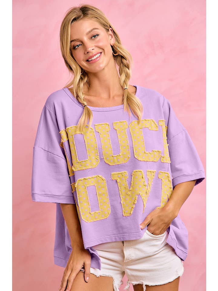 Polka Dot Patch Letters Touch Down Oversized Short Sleeve Top