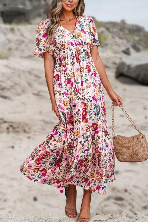 Aapparella Aapparella Floral Short Sleeve V Neck High Waist Maxi Dress - Little Miss Muffin Children & Home