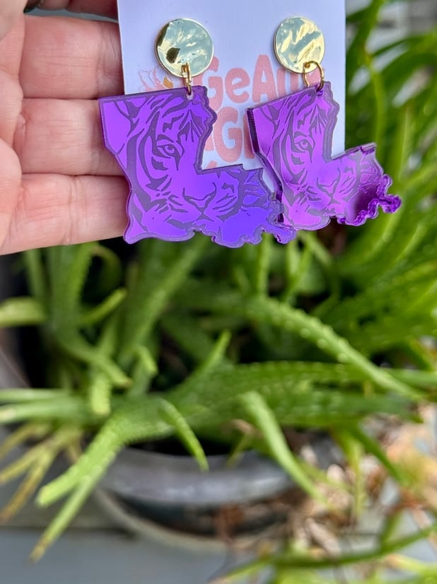 Geaux Magnolia Geaux Magnolia Purple Louisiana Tiger Dangle Earrings – LSU Game Day - Little Miss Muffin Children & Home