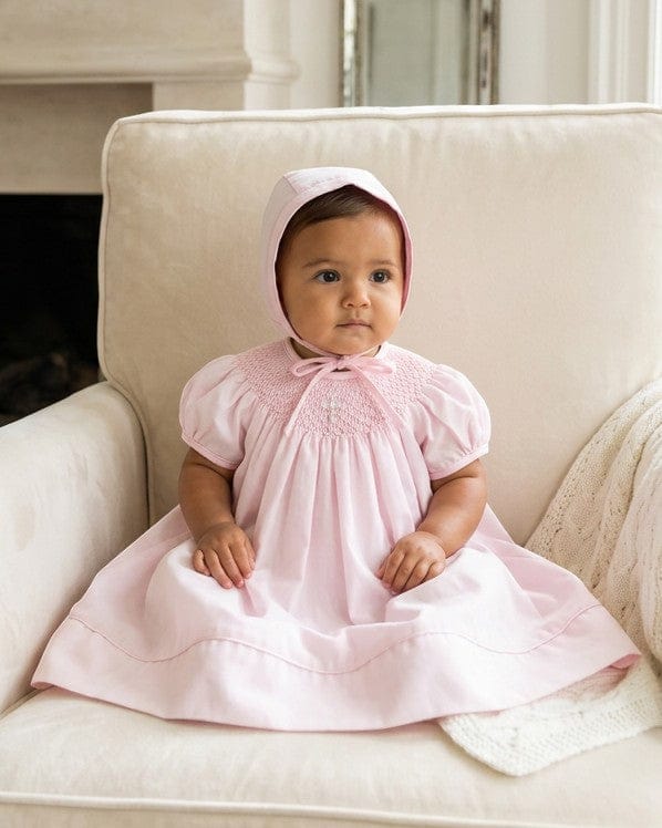 Baby Girl Hand Smocked with Pearl Cross Pink Christening Bishop Dress with Bonnet – Carriage Boutique