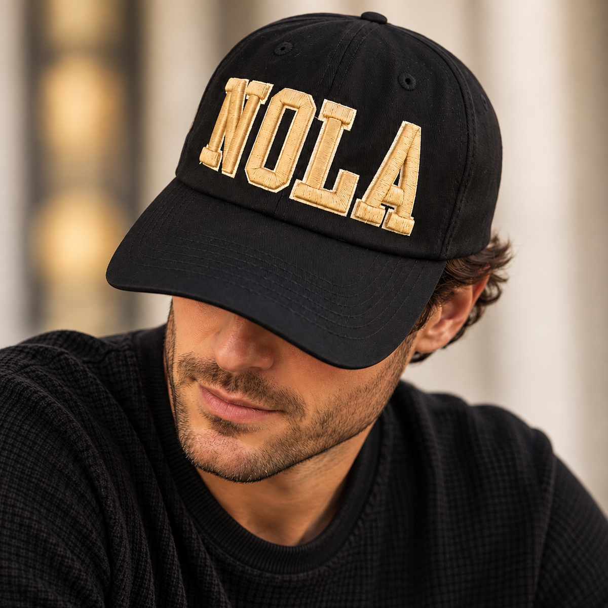 Black & Gold Cap with Embroidered Puff NOLA