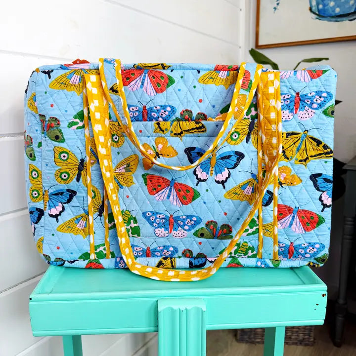 Blue Butterfly Quilted Overnight Mini Duffle Bag