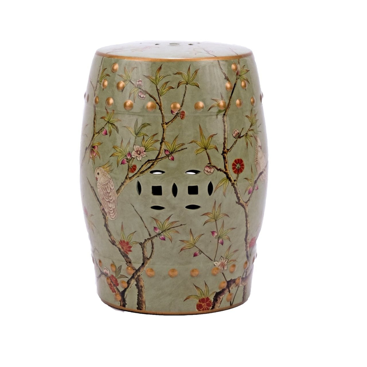 Green Gilt Garden Stool — Parrot Floral Motif