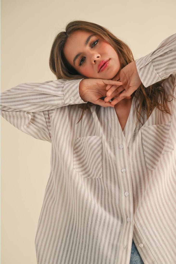 Miou Muse Striped Button Down Boyfriend Shirt in Beige - Little Miss Muffin Children & Home