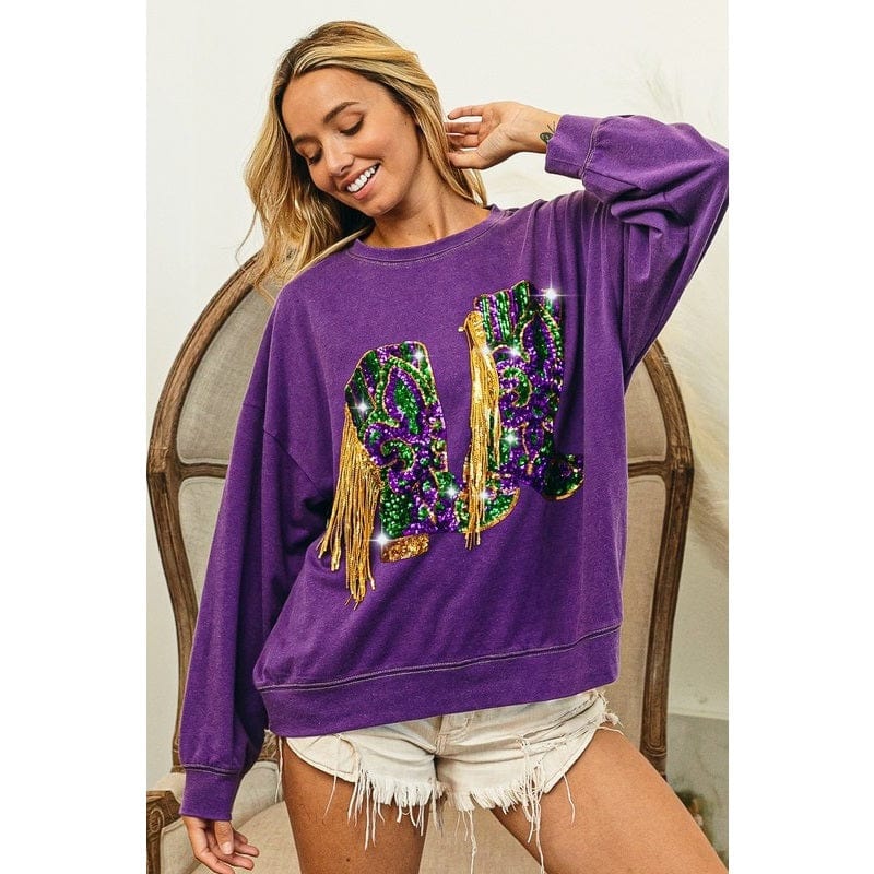 Ive Ive Sequin Mardi Gras Boots with Fringe Trim Pullover in Vintage Violet - Little Miss Muffin Children & Home