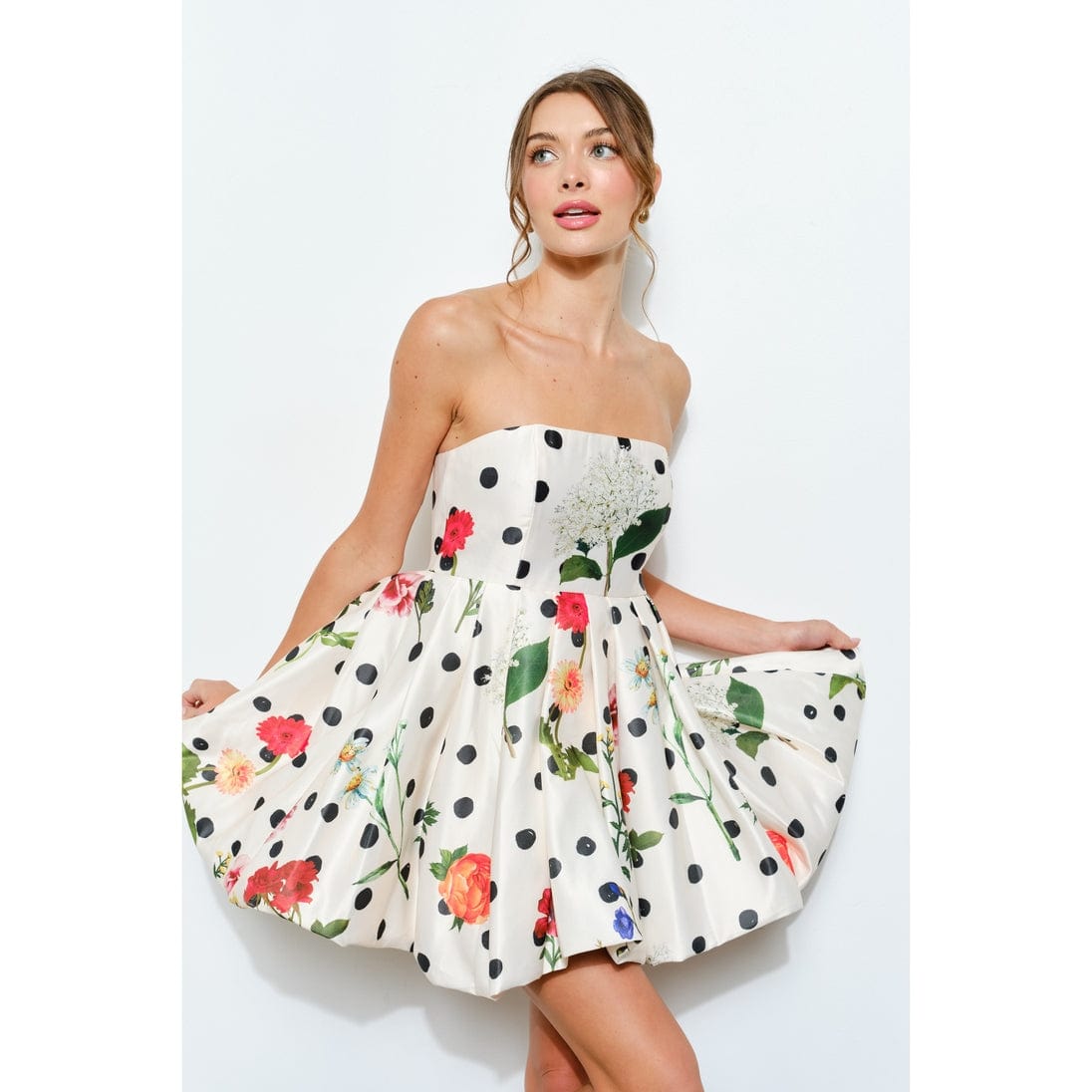 INA Bubble Hem Floral Dot Print Strapless Mini Dress - Little Miss Muffin Children & Home