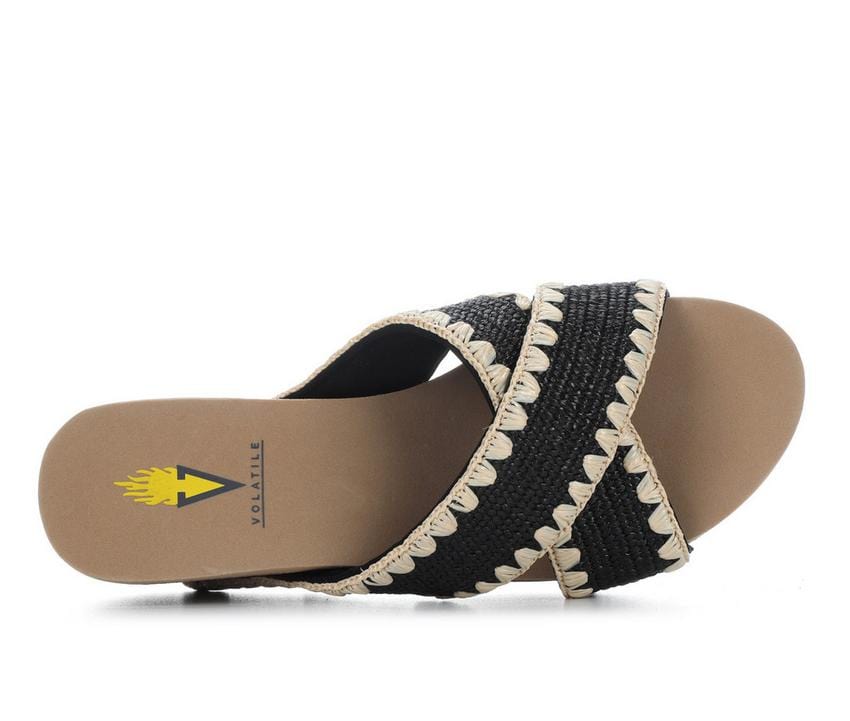 Volatile Antigua Raffia Studded Slide Wedge Sandals in Black