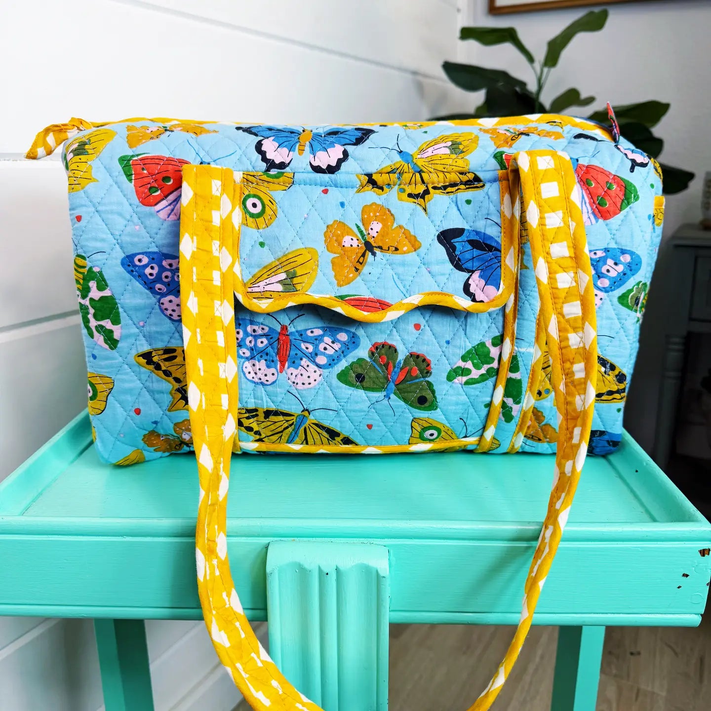 Blue Butterfly Quilted Overnight Mini Duffle Bag