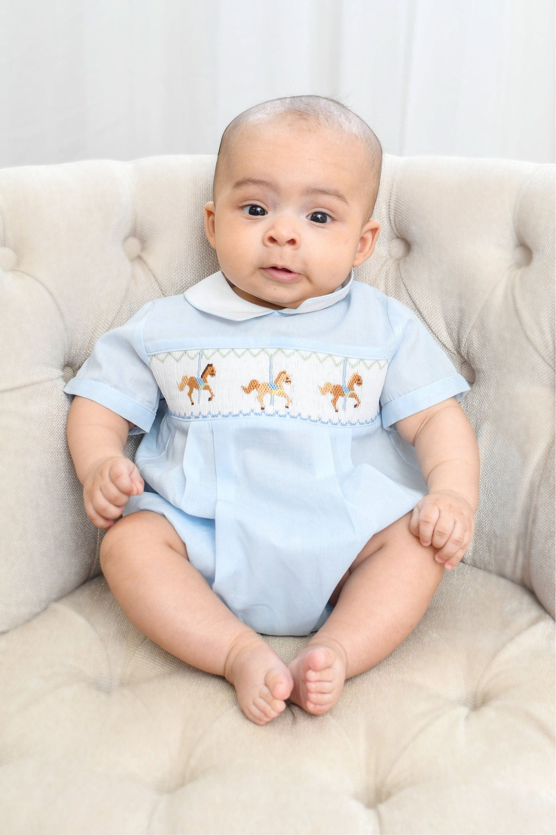 Boys Hand Smocked Light Blue Carousel Horse Classic Creeper Bubble Romper