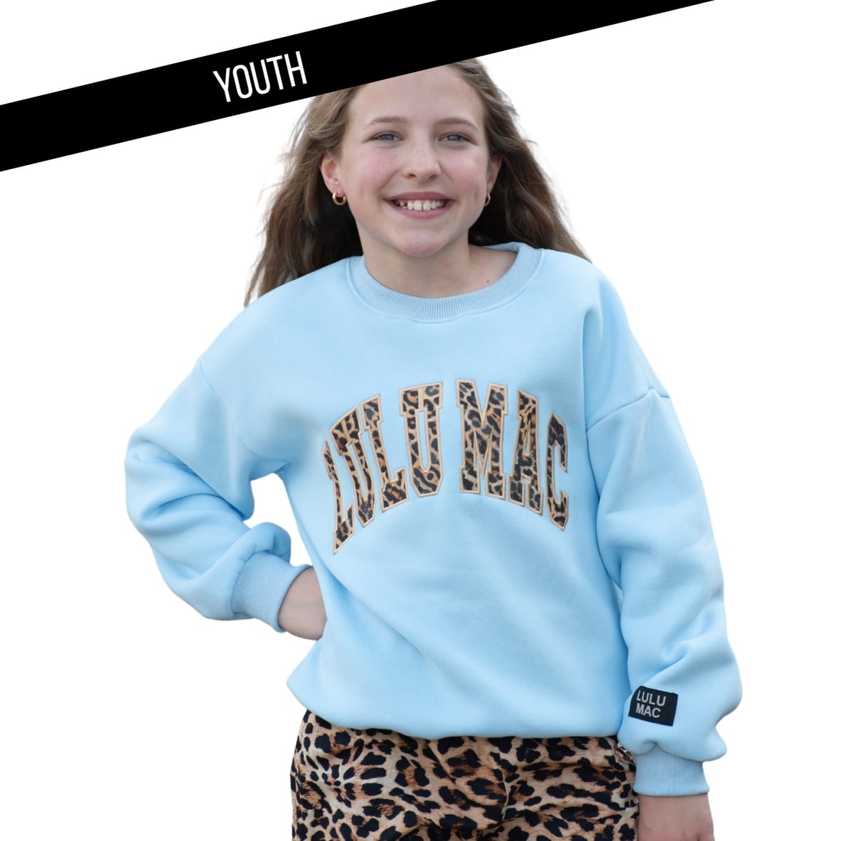 Kids' Lulu Mac Light Blue/Leopard Embroidered Logo Sweatshirt by Girlie Girl Originals