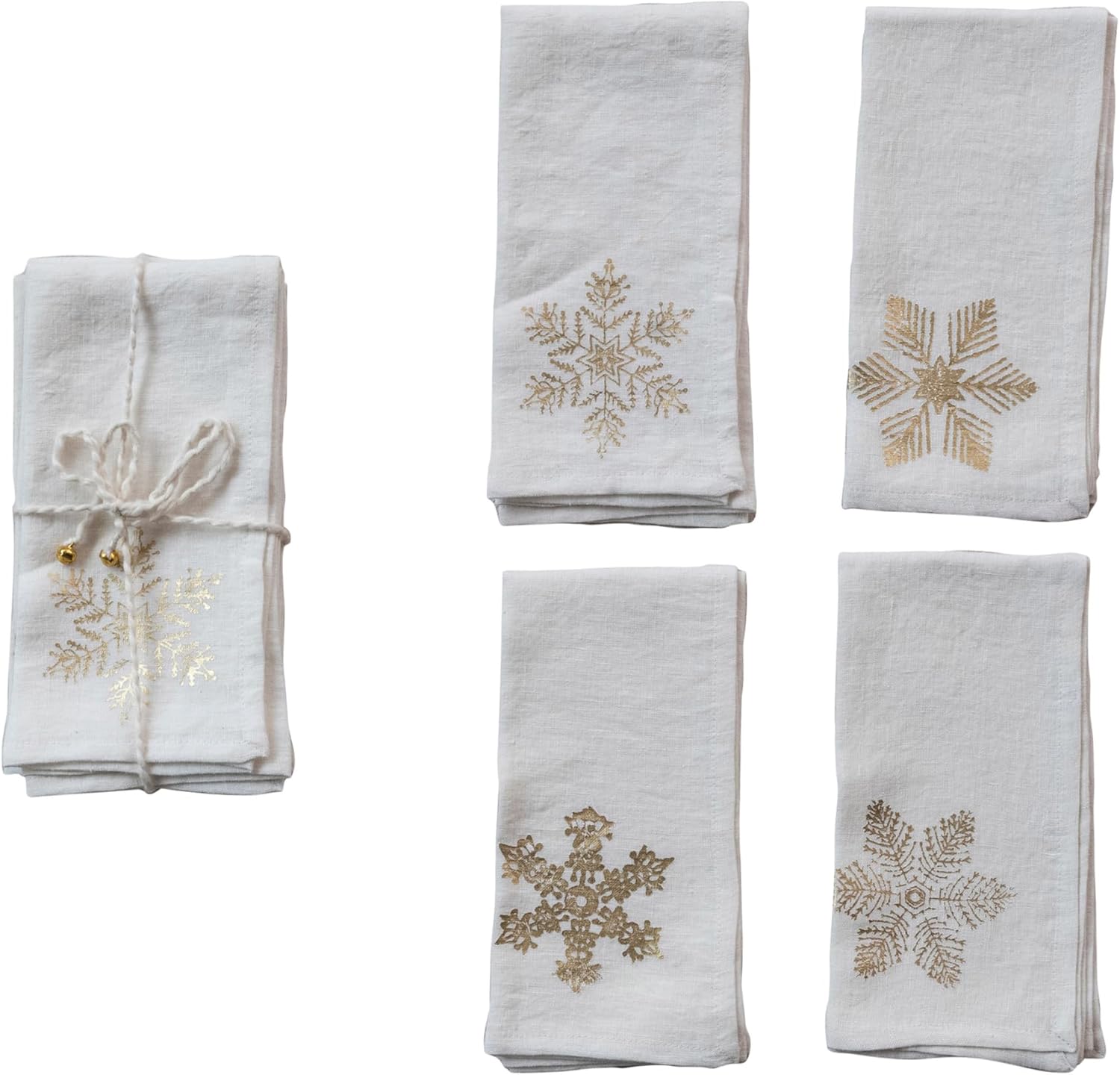 Creative Co-op Square Natural Linen Printed Napkins w Gold Foil Snowflake, Set of 4 - Little Miss Muffin Children & Home
