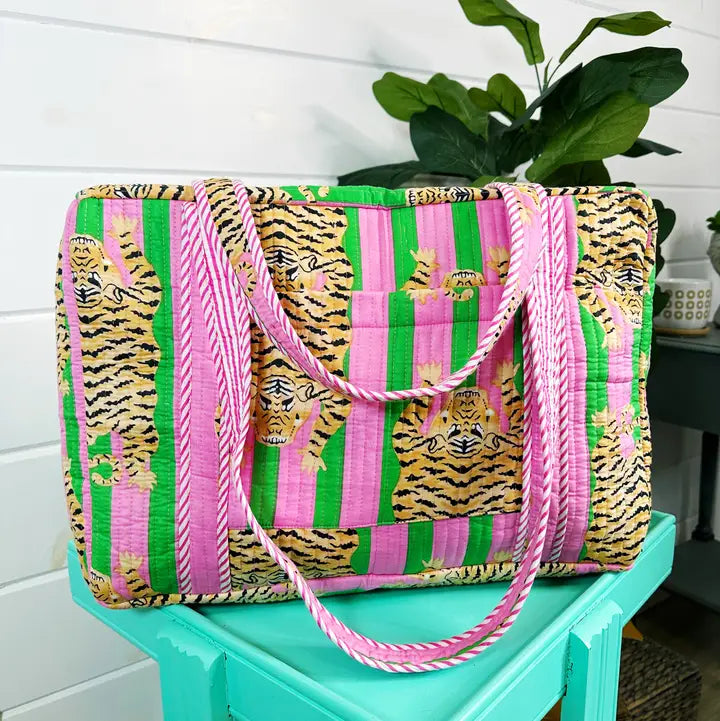 Pink & Green Tiger Quilted Weekender Duffle Bag