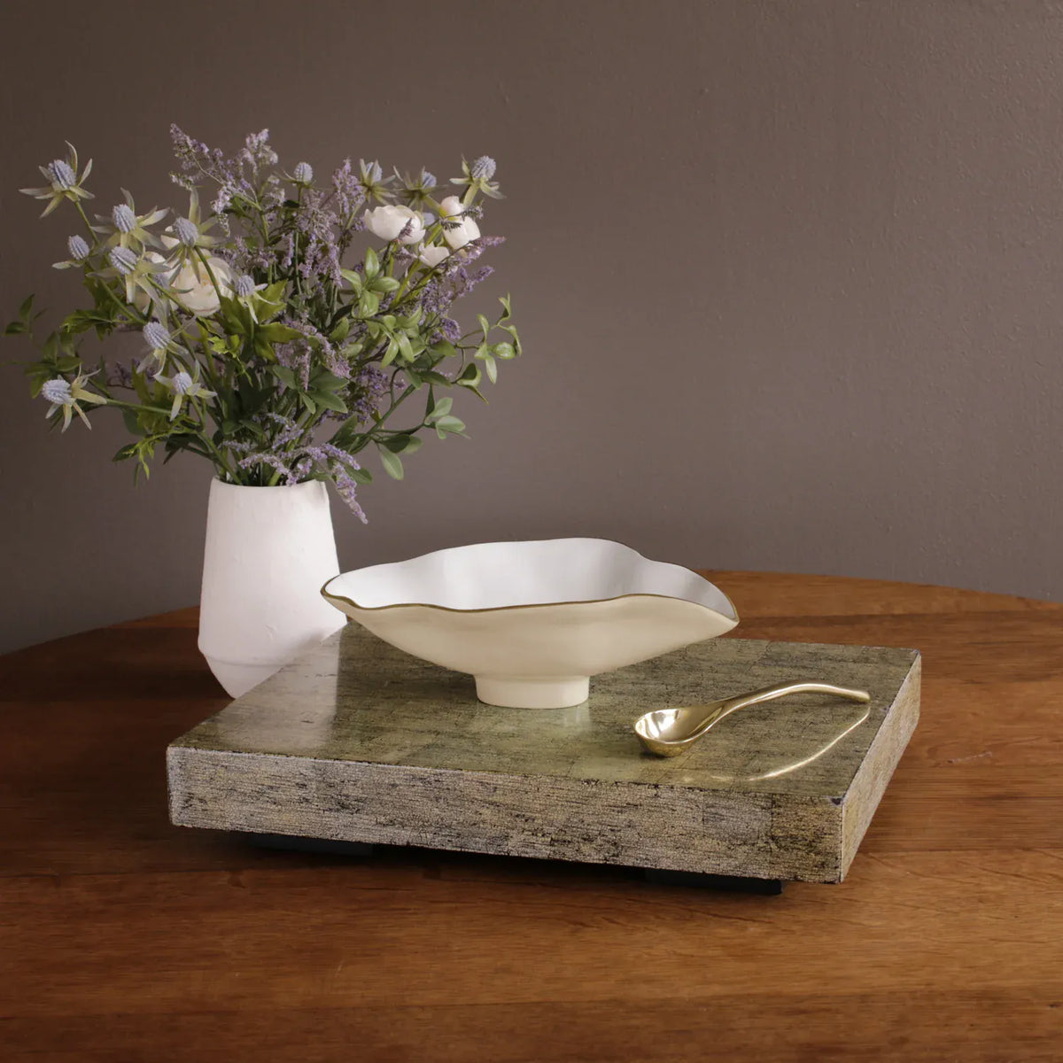 Encanto Claire Cream, White and Gold Small Oval Bowl with Spoon