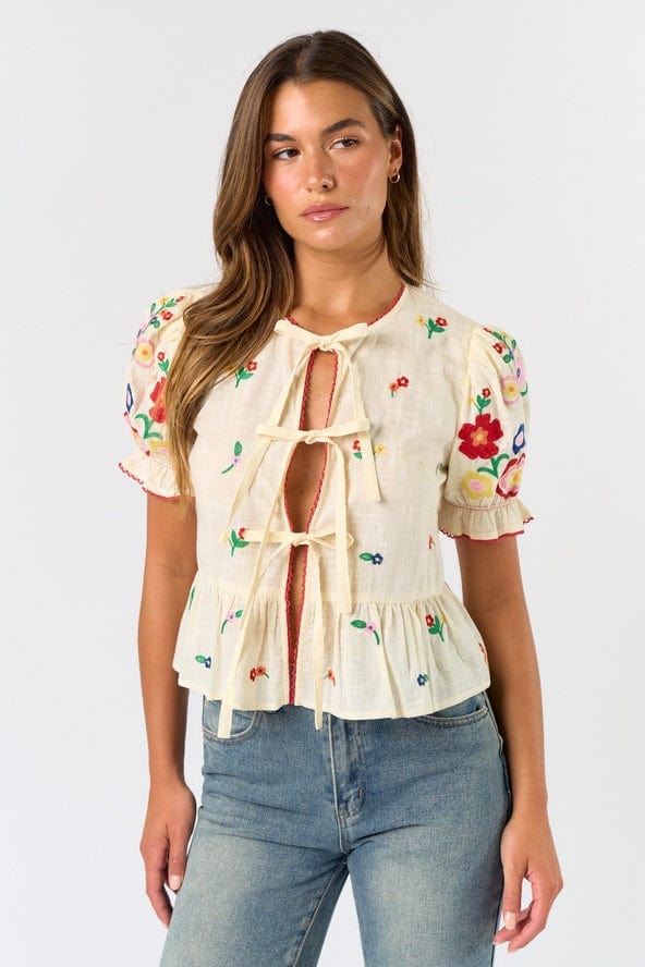 Lalavon Lalavon Tie Front Embroidered Top - Little Miss Muffin Children & Home
