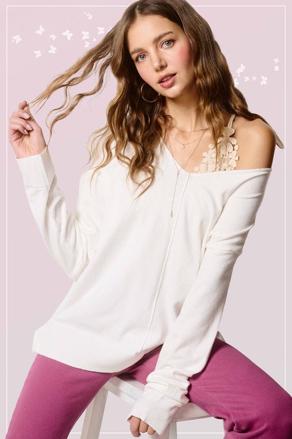 La Miel La Miel Lightweight V-Neck Sweater in Snow - Little Miss Muffin Children & Home