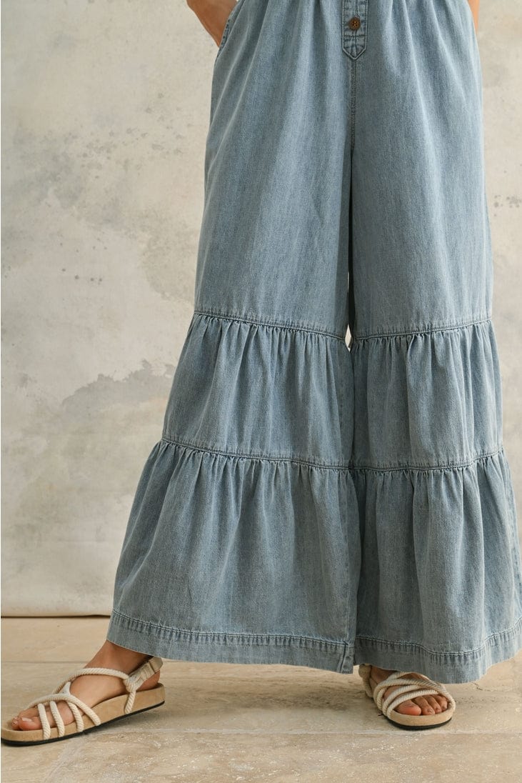 Miou Muse Tiered Bottom Detail Chambray Denim Jumpsuit - Little Miss Muffin Children & Home