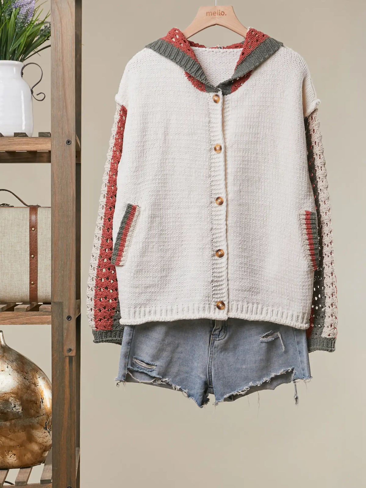 Button-Up Cardigan with Contrast Sleeves Sweater
