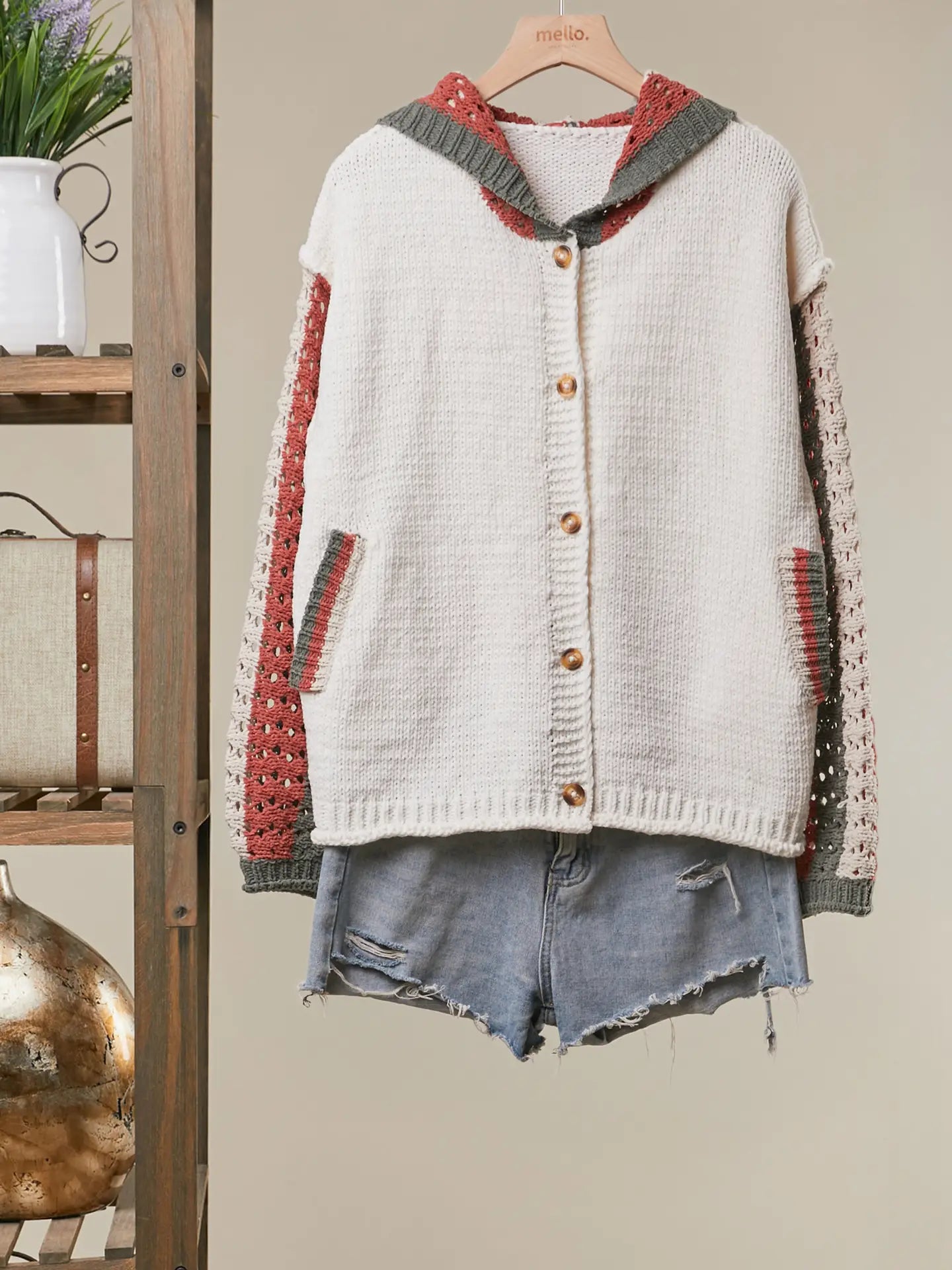 Button-Up Cardigan with Contrast Sleeves Sweater