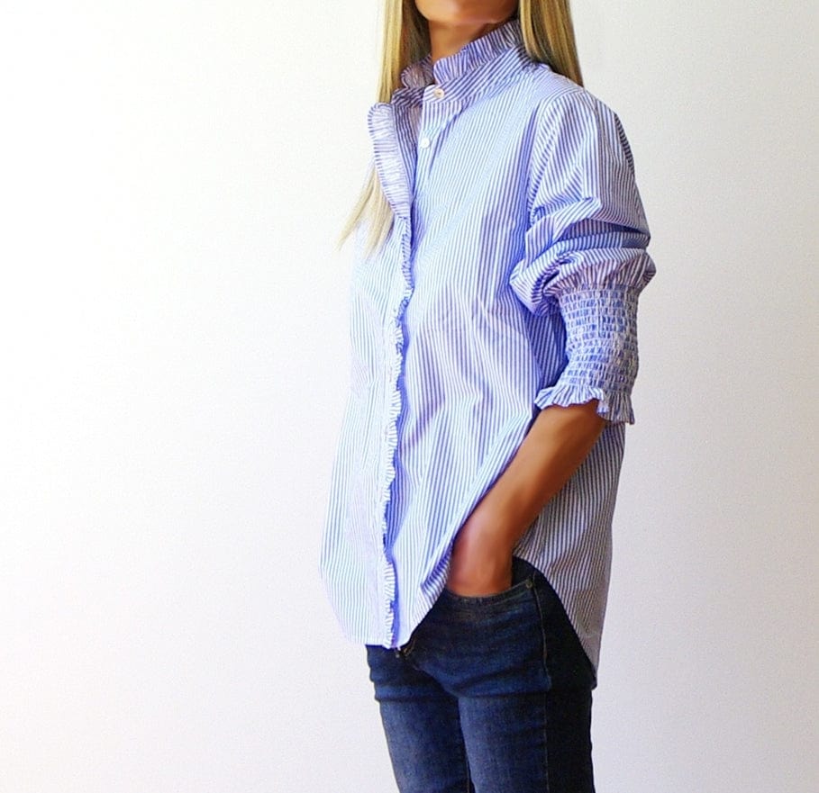 Who's Charlie Who's Charlie Poppy Digital Print Ladies Cotton Shirt in Azure & White Stripe - Little Miss Muffin Children & Home