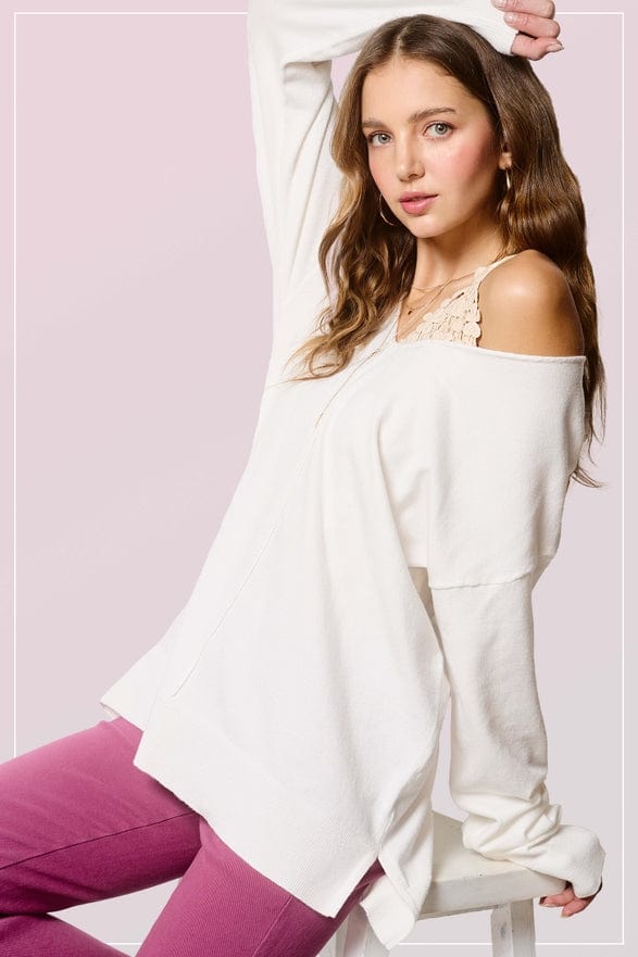 La Miel La Miel Lightweight V-Neck Sweater in Snow - Little Miss Muffin Children & Home