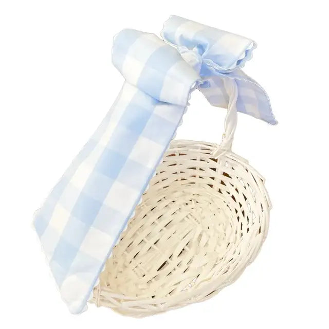 White Wicker Easter Basket with Blue Seersucker Liner and Bow
