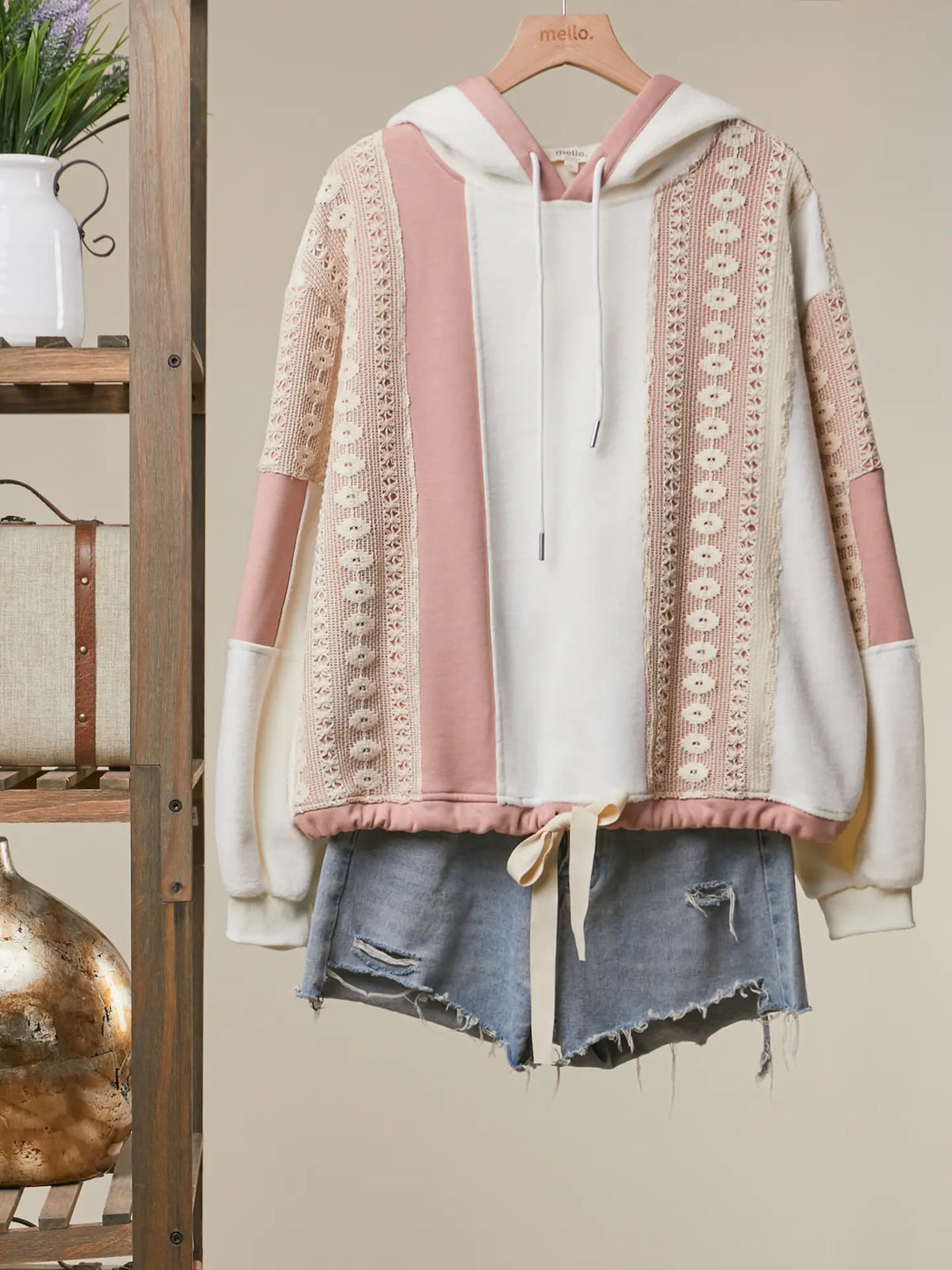 Pale Peach Ivory Crochet Trim Colorblock Zip-Up Hoodie with Drawstring Hem