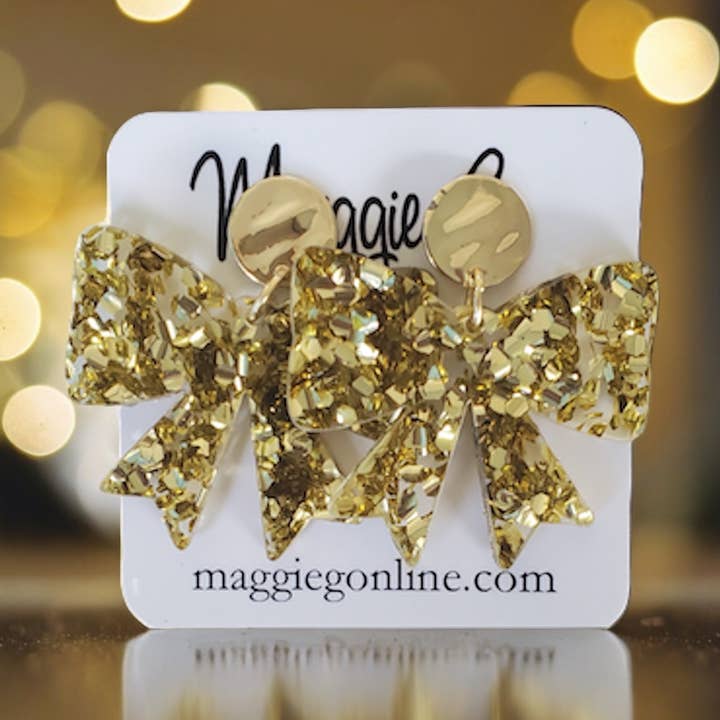 Maggie G Chunky Gold Glitter Bow Christmas Earrings - Little Miss Muffin Children & Home