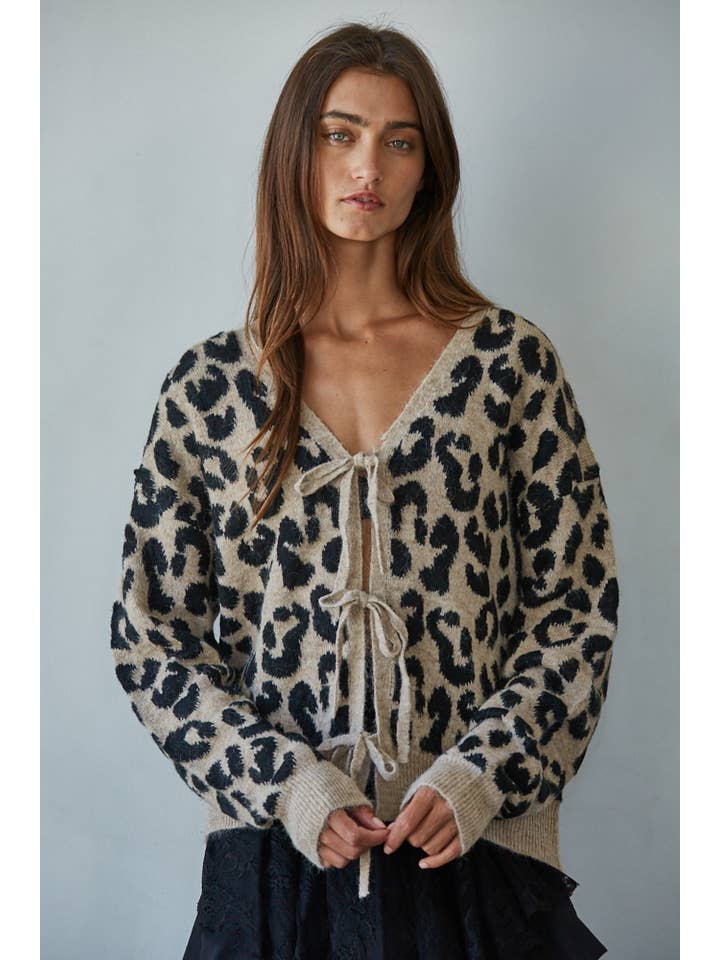 By Together Mocha Black Knit Sweater Animal Print V-Neck Tie Front Cardigan - Little Miss Muffin Children & Home