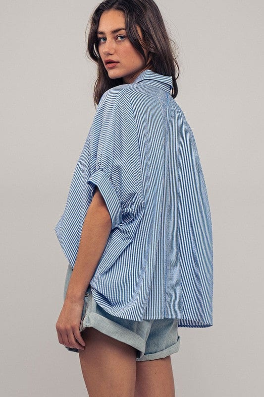 Urban Daizy Urban Daizy Boxy Pinstriped Cuff Shirt in Blue & White - Little Miss Muffin Children & Home