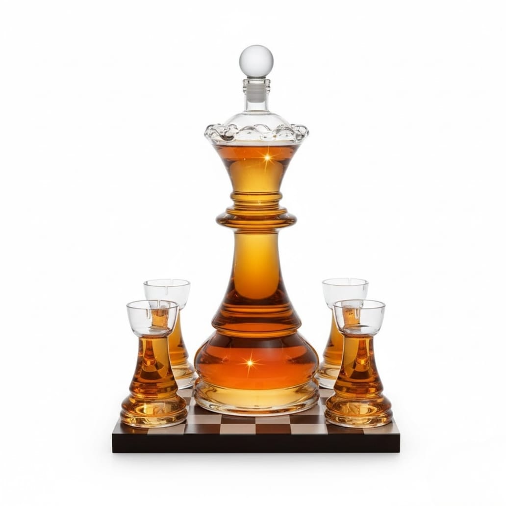 Chess wine and whiskey decanter set with queen decanter and rook shot glasses