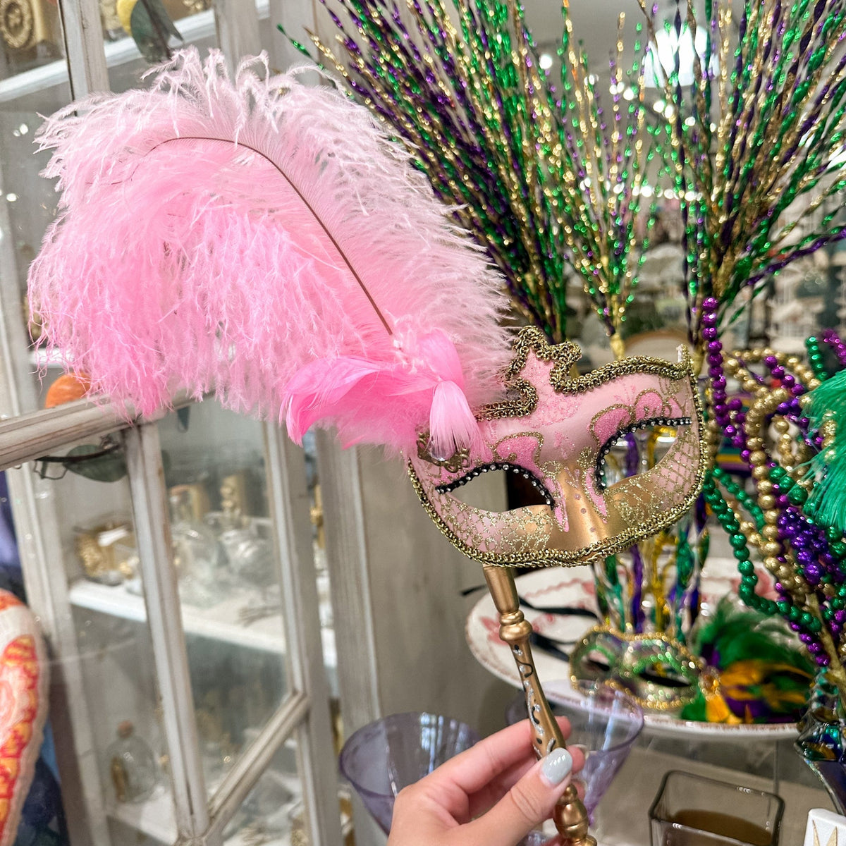 Mardi Gras Creations Light Pink & Gold Anarkali Mask with Feathers & Detachable Stick - Little Miss Muffin Children & Home