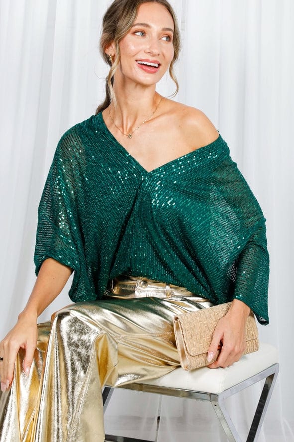 Vine & Love Vine & Love Allover Sequin V-Neck Dolman Sleeve Blouse in Hunter Green - Little Miss Muffin Children & Home
