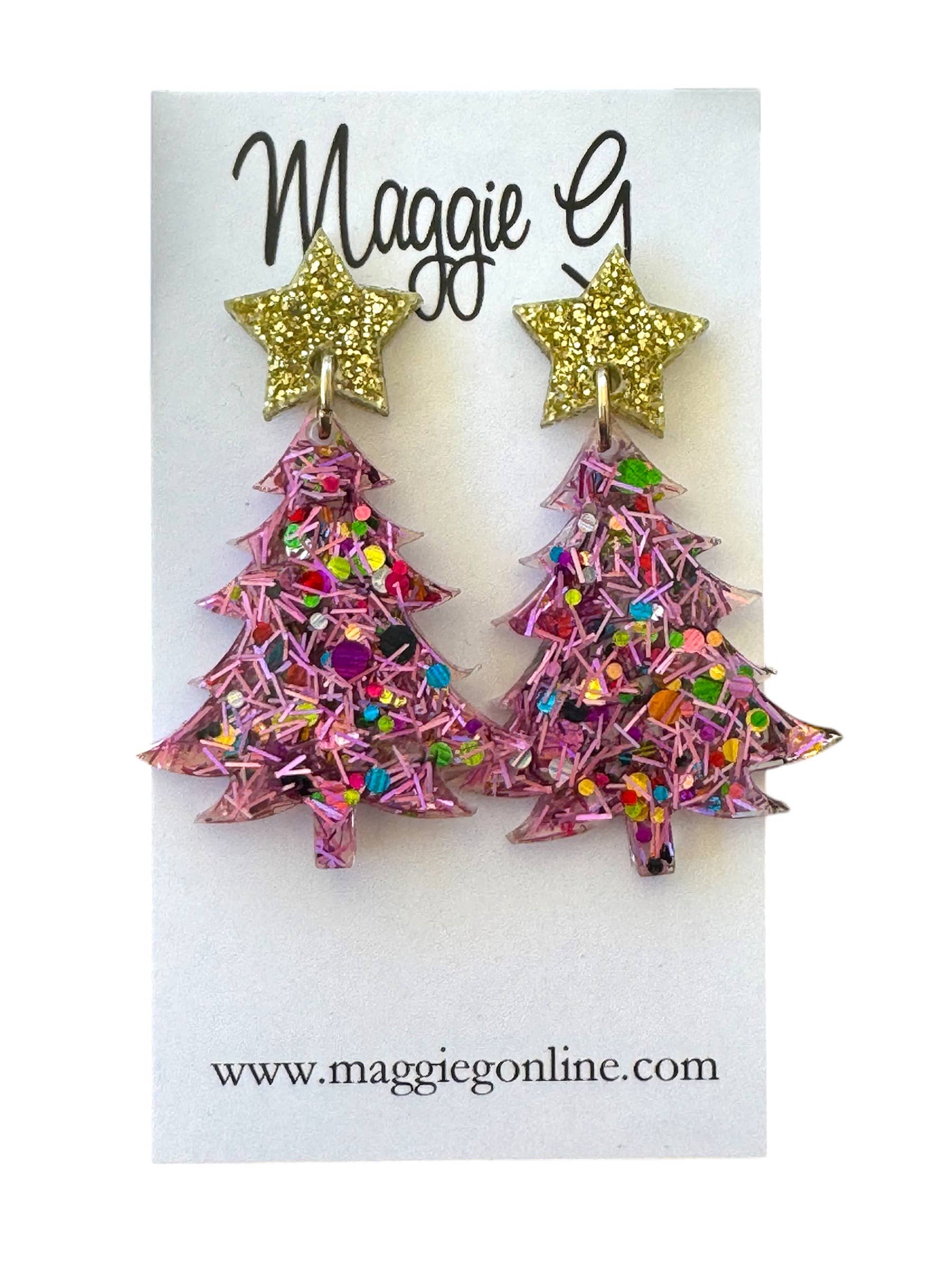 Maggie G Christmas Tree Pink Tinsel Resin Earrings - Little Miss Muffin Children & Home