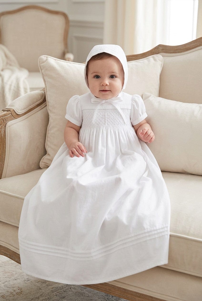 Hand Smocked Cross Christening Gown with Matching Bonnet