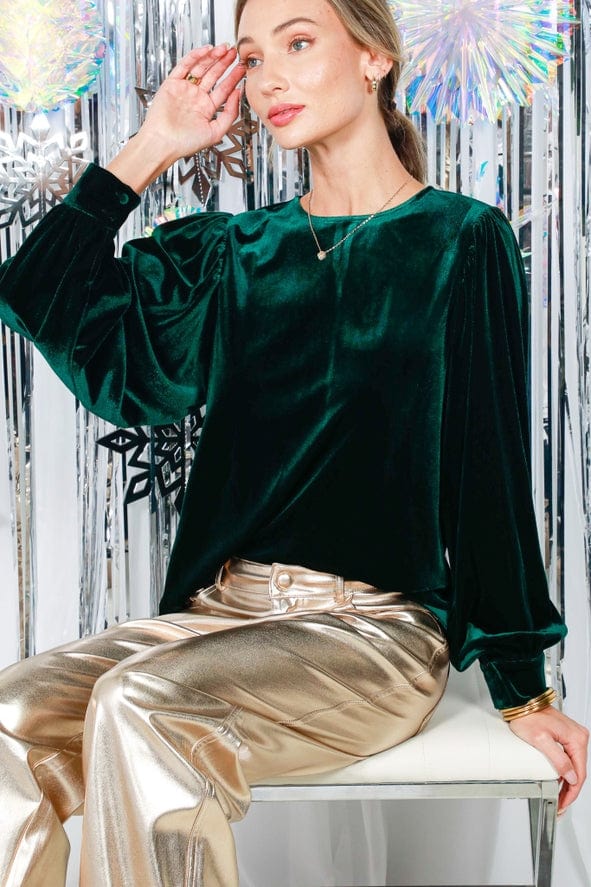 Vine & Love Vine & Love Long Balloon Sleeve Round Neck Velvet Blouse Top in Hunter Green - Little Miss Muffin Children & Home