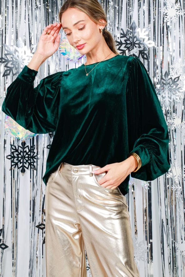 Vine & Love Vine & Love Long Balloon Sleeve Round Neck Velvet Blouse Top in Hunter Green - Little Miss Muffin Children & Home