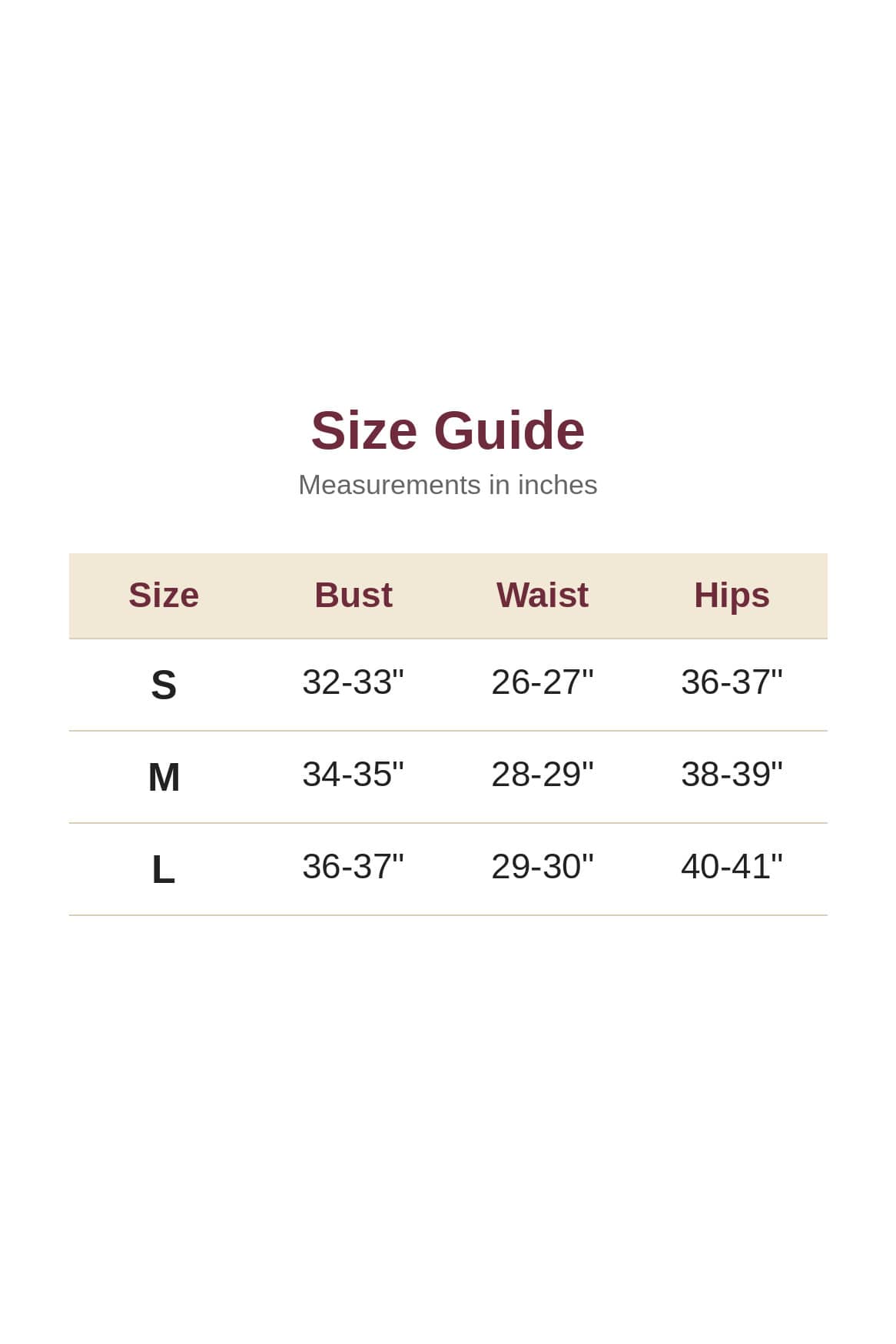 Size guide for Emily floral mini dress in S, M and L with bust, waist and hip measurements