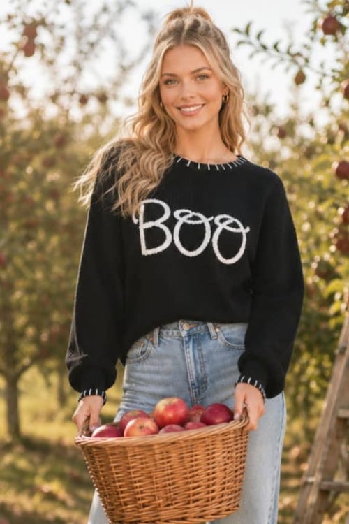 BOO Embroidered Halloween Knit Sweater