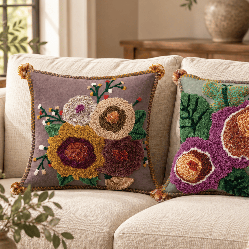 18" Square Cotton Tufted Floral Pillow with Pom Poms, 2 Available Styles