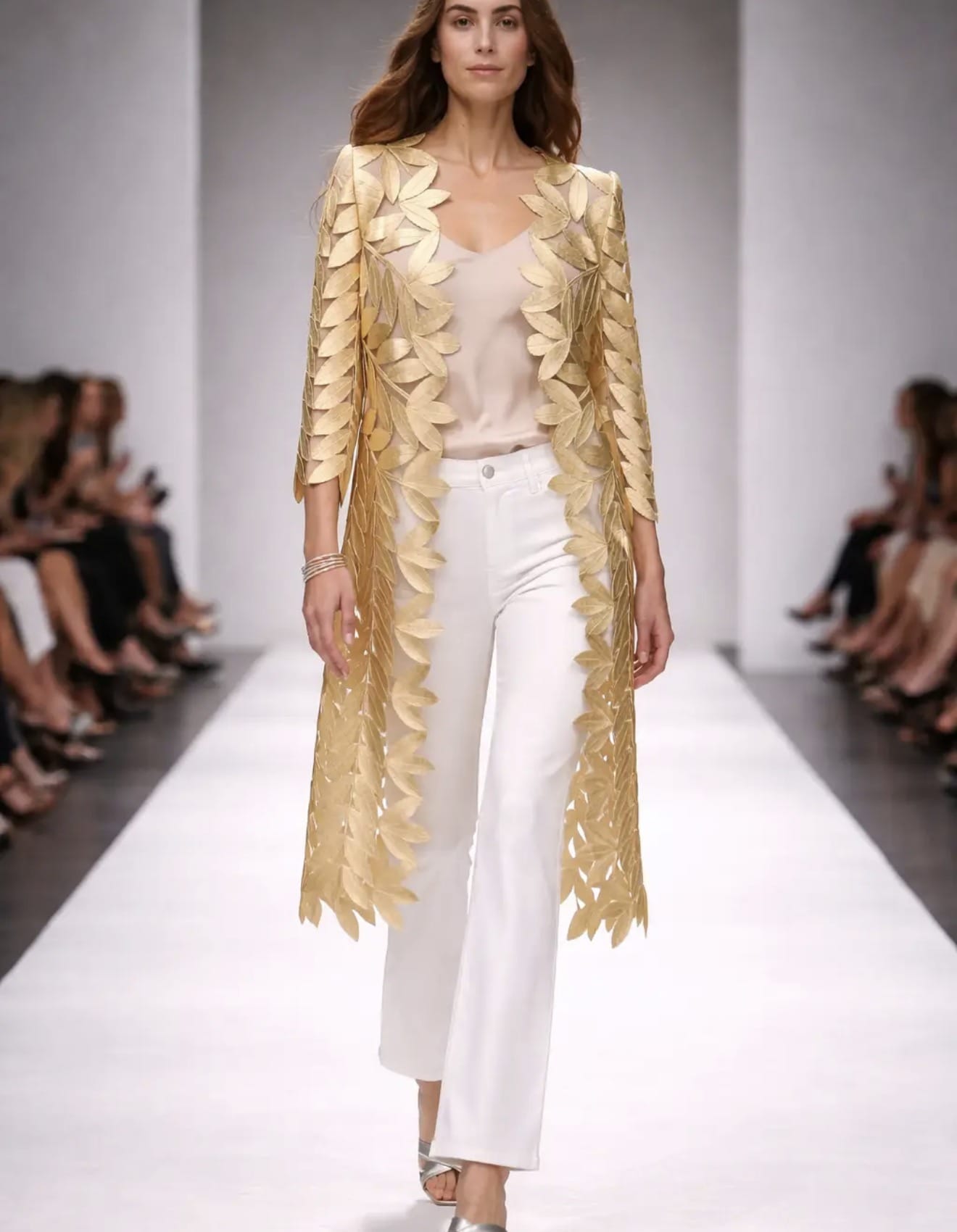 Faux Leather Leaves 3/4 Sleeves Long Jacket in Gold