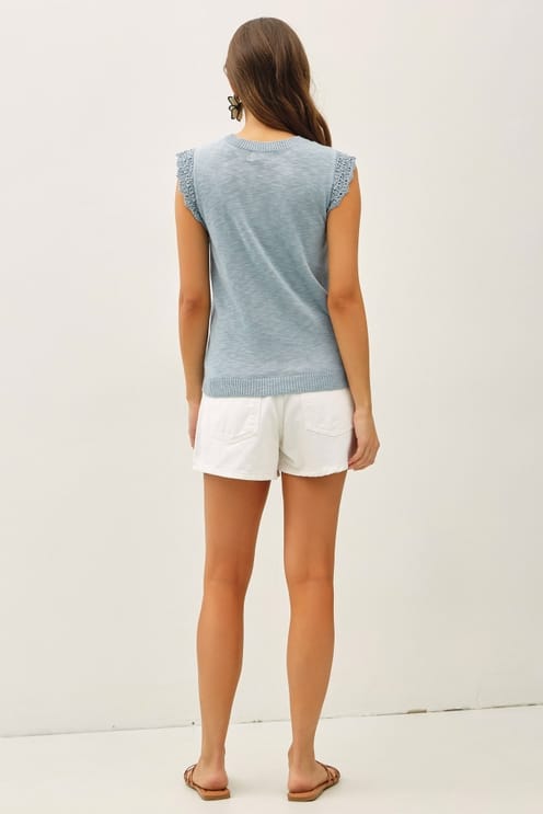 Crochet Ruffle Cap Sleeve Slubbed Sweater Top